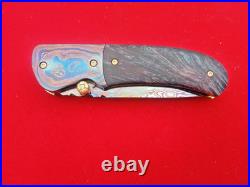 CUSTOM FOLDING KNIFE Blue Damascus STEEL Handmade? Stabilized Wood Titanium RARE
