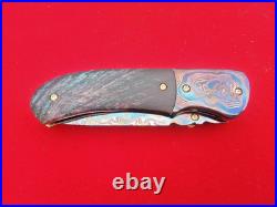 CUSTOM FOLDING KNIFE Blue Damascus STEEL Handmade? Stabilized Wood Titanium RARE