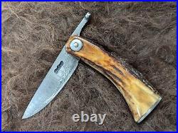 Chuck Patrick 7.5 Damascus Folding Pocket Knife with Stag Horn Scales c. 1980