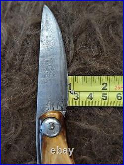 Chuck Patrick 7.5 Damascus Folding Pocket Knife with Stag Horn Scales c. 1980