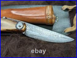 Chuck Patrick 7.5 Damascus Folding Pocket Knife with Stag Horn Scales c. 1980