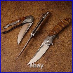 Clip Point Folding Knife Pocket Hunting Survival Camping Combat 154CM Steel Wood