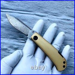 Clip Point Folding Knife Pocket Hunting Survival Damascus Steel Brass Handle EDC
