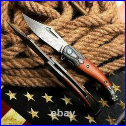 Clip Point Folding Knife Pocket Hunting Wild Survival Damascus Steel Wood Handle
