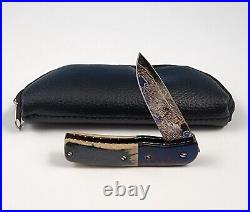 Custom Chuck Gedraitis Mini Liner Lock Folding Knife Blued Damascus Fossil Bone