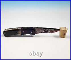 Custom Chuck Gedraitis Mini Liner Lock Folding Knife Blued Damascus Fossil Bone