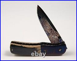 Custom Chuck Gedraitis Mini Liner Lock Folding Knife Blued Damascus Fossil Bone