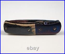 Custom Chuck Gedraitis Mini Liner Lock Folding Knife Blued Damascus Fossil Bone