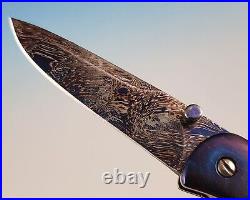 Custom Chuck Gedraitis Mini Liner Lock Folding Knife Blued Damascus Fossil Bone