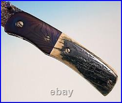 Custom Chuck Gedraitis Mini Liner Lock Folding Knife Blued Damascus Fossil Bone