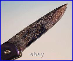 Custom Chuck Gedraitis Mini Liner Lock Folding Knife Blued Damascus Fossil Bone