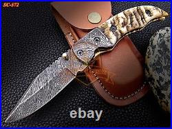 Custom Damascus Steelpocket Folding Knife Sheep Horn Handle