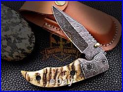 Custom Damascus Steelpocket Folding Knife Sheep Horn Handle