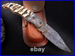 Custom Damascus Steelpocket Folding Knife Sheep Horn Handle