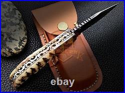 Custom Damascus Steelpocket Folding Knife Sheep Horn Handle