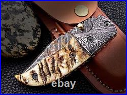 Custom Damascus Steelpocket Folding Knife Sheep Horn Handle