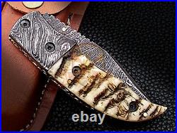 Custom Damascus Steelpocket Folding Knife Sheep Horn Handle