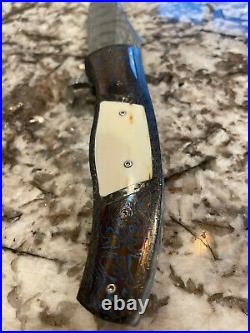 Custom Flipper Knife George Muller Damascus, bone, Carbon Fiber, Timascus