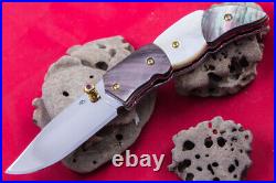 Custom Folding Handmade Knife 440c Black White Pearl 24k Gold Screw Amethyst Fs