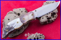 Custom Folding Handmade Knife 440c Black White Pearl 24k Gold Screw Amethyst Fs