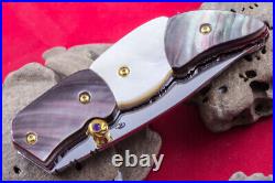 Custom Folding Handmade Knife 440c Black White Pearl 24k Gold Screw Amethyst Fs