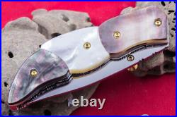 Custom Folding Handmade Knife 440c Black White Pearl 24k Gold Screw Amethyst Fs