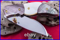 Custom Folding Handmade Knife 440c Black White Pearl 24k Gold Screw Amethyst Fs