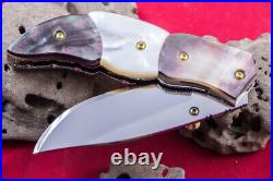 Custom Folding Handmade Knife 440c Black White Pearl 24k Gold Screw Amethyst Fs