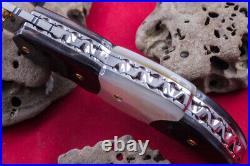 Custom Folding Handmade Knife 440c Black White Pearl 24k Gold Screw Amethyst Fs