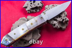 Custom Folding Handmade Knife 440c Black Yellow Abalone 24k Gold Screw Citrin