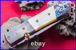 Custom Folding Handmade Knife 440c Black Yellow Abalone 24k Gold Screw Citrin