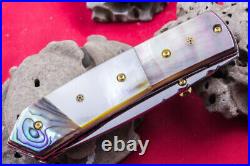 Custom Folding Handmade Knife 440c Black Yellow Abalone 24k Gold Screw Citrin