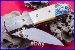 Custom Folding Handmade Knife 440c Black Yellow Abalone 24k Gold Screw Citrin
