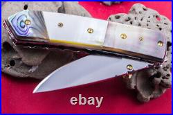 Custom Folding Handmade Knife 440c Black Yellow Abalone 24k Gold Screw Citrin