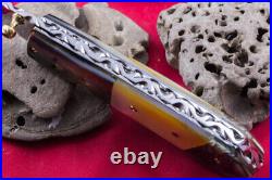 Custom Folding Handmade Knife 440c Black Yellow Abalone 24k Gold Screw Citrin