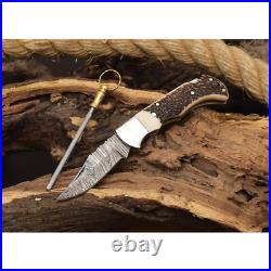 Custom HAND FORGED Damascus Steel Hunting Folding Stag Pocket Knife