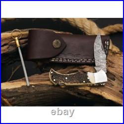 Custom HAND FORGED Damascus Steel Hunting Folding Stag Pocket Knife