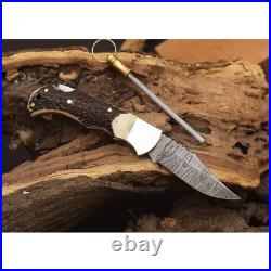 Custom HAND FORGED Damascus Steel Hunting Folding Stag Pocket Knife
