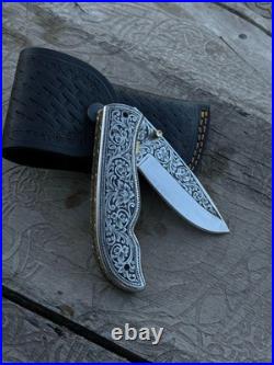 Custom Hand Engraved D2 Steel blade Folding & Pocket Knife With Leather Sheath