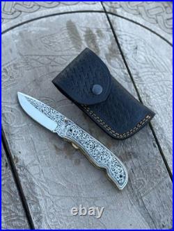 Custom Hand Engraved D2 Steel blade Folding & Pocket Knife With Leather Sheath