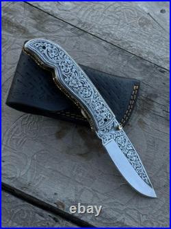 Custom Hand Engraved D2 Steel blade Folding & Pocket Knife With Leather Sheath