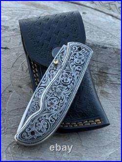 Custom Hand Engraved D2 Steel blade Folding & Pocket Knife With Leather Sheath