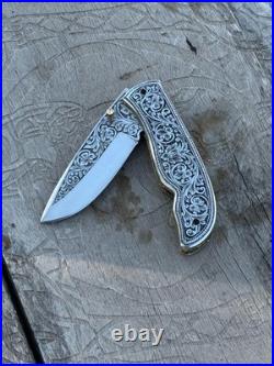 Custom Hand Engraved D2 Steel blade Folding & Pocket Knife With Leather Sheath
