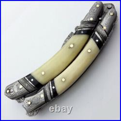 Custom Hand Forged Damascus Steel Folding knife WithLeather Sheath