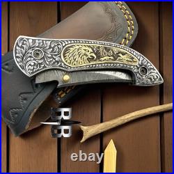 Custom Handmade 440c Steel Hand Engraved folding knife with sheath camping knife