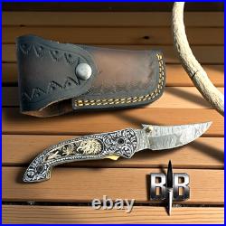 Custom Handmade 440c Steel Hand Engraved folding knife with sheath camping knife