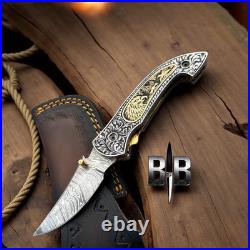 Custom Handmade 440c Steel Hand Engraved folding knife with sheath camping knife