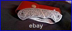 Custom Handmade D2 Steel Hand Engraved pocket (Folding) knife with Sheath