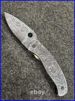 Custom Handmade D2 Steel Hand Engraved pocket (Folding) knife with Sheath