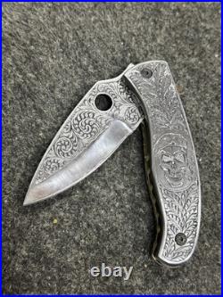 Custom Handmade D2 Steel Hand Engraved pocket (Folding) knife with Sheath